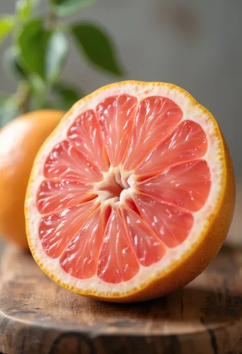 나무 테이블 위에 반으로 자른 핑크빛 자몽과 초록 잎사귀