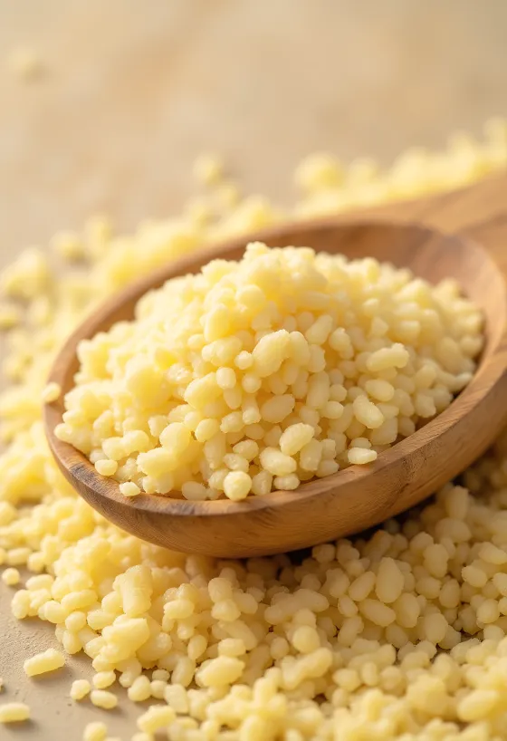 나무 그릇에 담긴 노르스름한 세몰리나 가루와 바닥에 흩어진 입자들