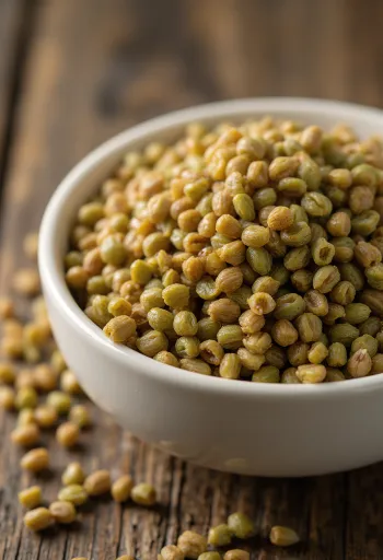 도자기 그릇에 담긴 세모난 메밀 알곡과 나무 테이블