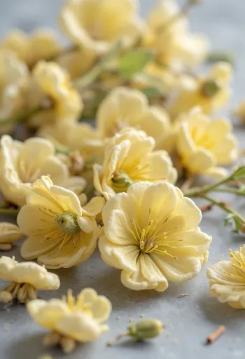 나무 그릇에 담긴 말린 린덴 꽃과 잎, 주변에 흩어진 허브