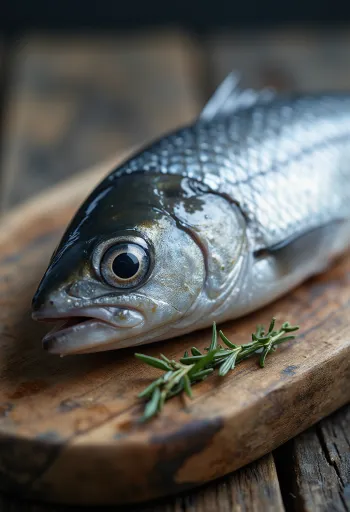 나무 도마 위에 놓인 은빛 신선한 청어와 레몬, 딜
