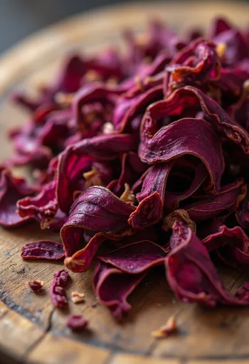 그릇에 담긴 검붉은색의 말린 히비스커스 꽃잎과 나무 숟가락