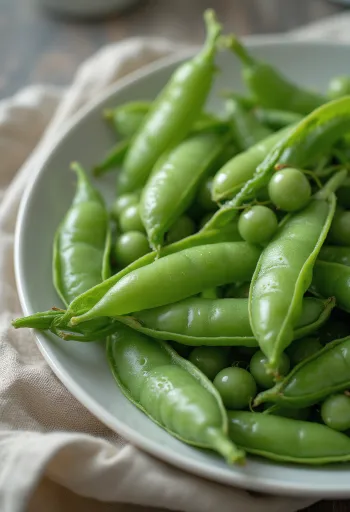 나무 테이블 위에 놓인 신선하고 아삭한 스냅피 꼬투리와 완두콩 알