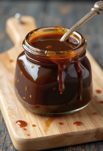 종지에 담긴 진한 갈색 호이신 소스와 주변에 놓인 팔각, 마늘, 콩