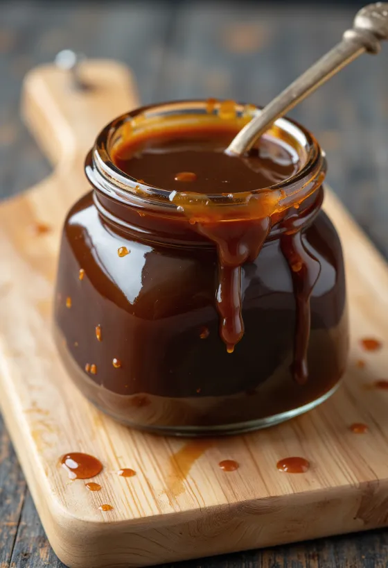 종지에 담긴 진한 갈색 호이신 소스와 주변에 놓인 팔각, 마늘, 콩