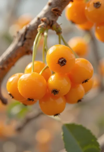 나무 테이블 위에 놓인 가지에 달린 주황색 산자나무 열매와 주스