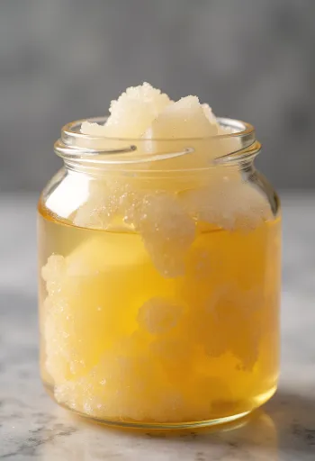 투명한 유리병에 담긴 황금빛 전화당 시럽과 숟가락