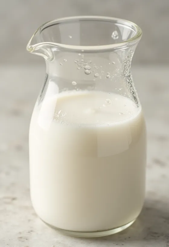 나무 테이블 위 도자기 그릇과 컵에 담긴 신선한 버터밀크