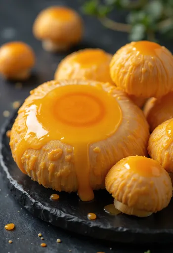 도마 위에 썰어 놓은 주황빛 사프란 밀크 캡(맛젖버섯)