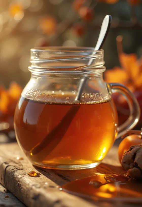 유리병에 담긴 호박색 메이플 시럽과 나무 숟가락에서 흐르는 시럽