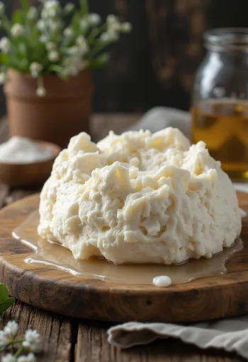 나무 도마 위에 썰어 놓은 신선한 양젖 고몰라 치즈 조각들