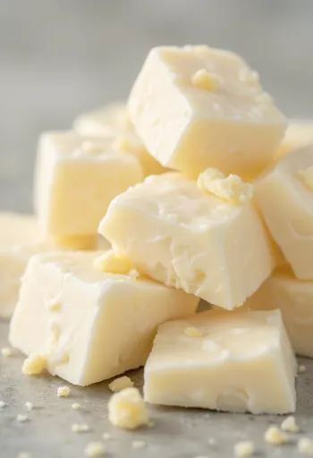 조각, 강판에 간 형태, 녹인 형태의 카카오 버터가 주방 배경에 놓여 있음