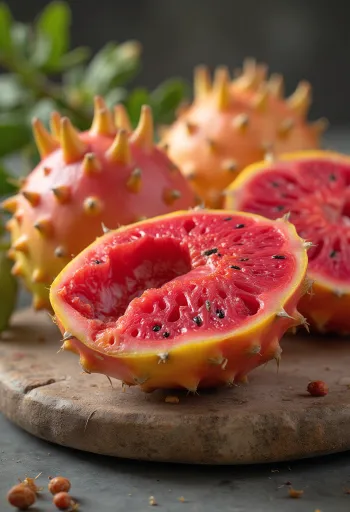 나무 테이블 위에 놓인 붉고 노란 속살의 선인장 열매와 잎