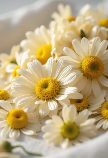 그릇에 담긴 말린 캐모마일 꽃과 주방에 흩어진 꽃잎, 나무 스푼