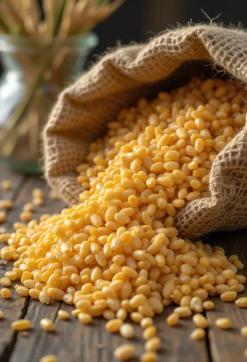 곡물 자루에서 쏟아진 카무트 쌀과 카무트 가루