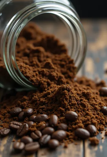 고운 커피 가루와 윤기 나는 볶은 원두, 나무 스푼