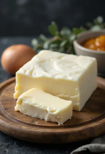 소박한 나무 테이블 위 도자기 그릇에 담긴 부드러운 염소 버터