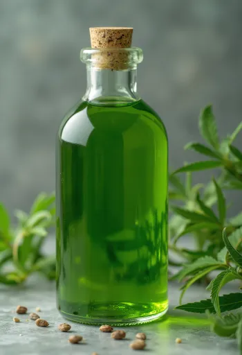 작은 병에 담긴 햄프씨드 오일과 그릇에 담긴 햄프씨드, 나무 배경