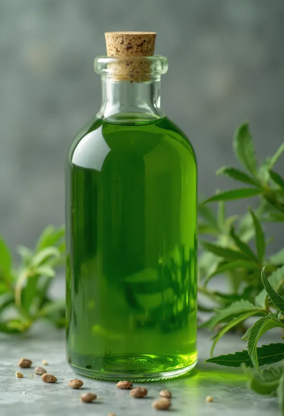 작은 병에 담긴 햄프씨드 오일과 그릇에 담긴 햄프씨드, 나무 배경