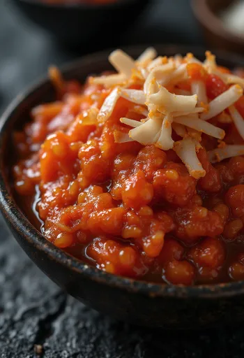 나무 테이블 위에 놓인 김치 재료들: 절인 배추, 고춧가루, 마늘, 생강, 쪽파, 무, 당근