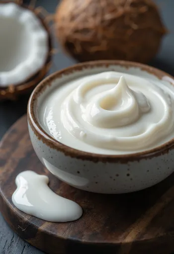 유리볼에 담긴 꾸덕한 코코넛 크림과 반으로 자른 코코넛, 스푼