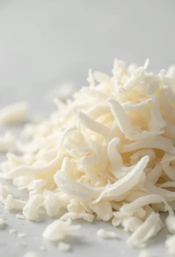 작은 그릇에 담긴 하얀 코코넛 가루(채)와 바닥에 흩어진 모습