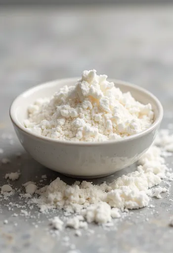 그릇에 담긴 코코넛 밀크 파우더와 나무 스푼으로 흩뿌려진 모습