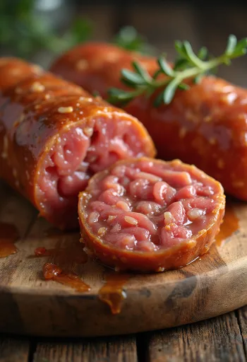 나무 도마 위에 비스듬히 썬 건조 소시지, 붉은 단면과 마블링