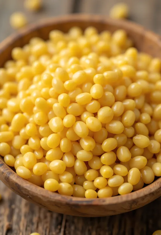 도기 그릇에 담긴 노란 기장 쌀과 나무 테이블에 흩어진 알곡