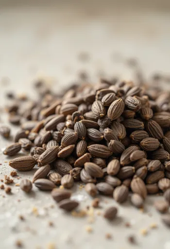 나무 테이블 위에 놓인 커민 가루 그릇과 통 커민 씨앗