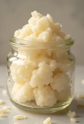 유리병 속 기포가 가득한 활성 천연 발효종과 주변의 밀가루, 나무 스푼