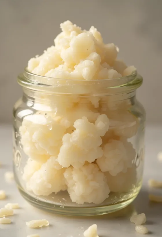 유리병 속 기포가 가득한 활성 천연 발효종과 주변의 밀가루, 나무 스푼