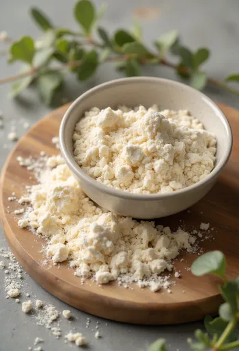 도자기 그릇에 담긴 거친 입자의 통밀가루와 옆에 놓인 발효종 병