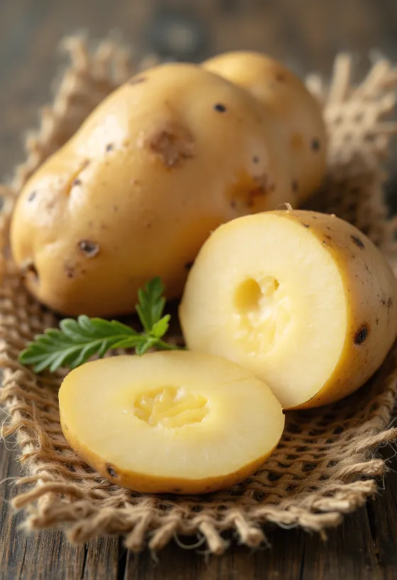 나무 도마 위에 놓인 흙 묻은 신선한 감자와 반으로 자른 단면