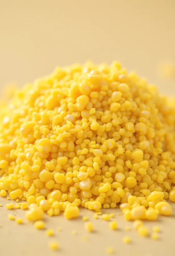 도기 그릇에 담긴 노란 옥수수 가루와 나무 테이블에 흩어진 알갱이