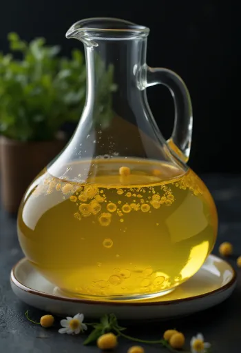 유리병에 담긴 맑은 옥수수유와 주변에 놓인 옥수수 알갱이