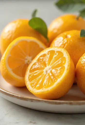 나무 테이블 위에 놓인 통 금귤과 반으로 자른 금귤, 선명한 오렌지색