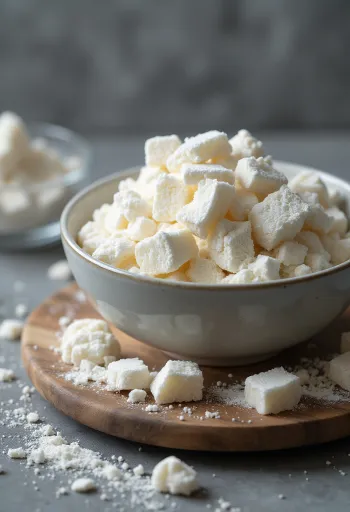 도자기 그릇에 담긴 하얀 칡 전분과 나무 스푼, 칡 뿌리 조각