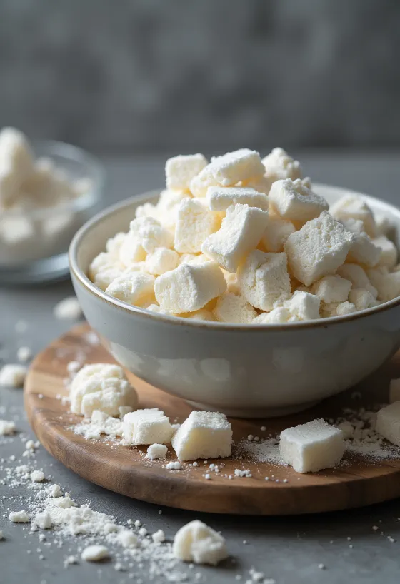 도자기 그릇에 담긴 하얀 칡 전분과 나무 스푼, 칡 뿌리 조각