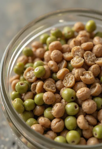 나무 테이블 위 작은 그릇들에 담긴 다양한 색깔의 렌틸콩(붉은색, 녹색, 갈색)