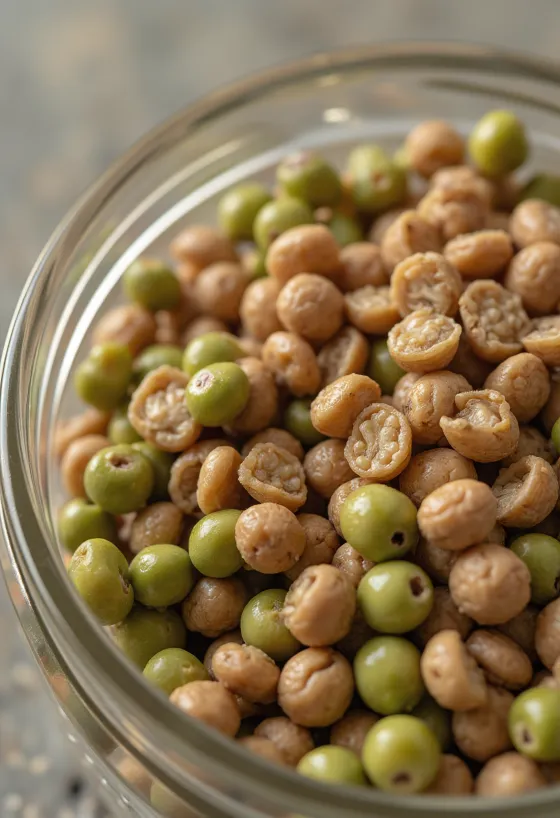 나무 테이블 위 작은 그릇들에 담긴 다양한 색깔의 렌틸콩(붉은색, 녹색, 갈색)