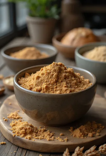 도기 그릇에 담긴 아마씨 가루와 나무 숟가락