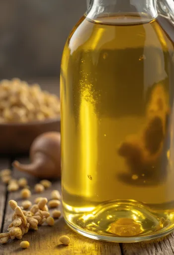 갈색 병에 담긴 아마씨유와 작은 그릇에 따른 황금빛 오일