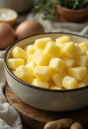 유리병에 담긴 황금빛 거위 기름과 나무 도마 위 숟가락