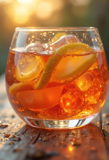 다양한 향신료와 재료들로 둘러싸인 리큐어 병과 잔