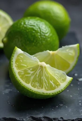 신선한 통 라임과 반으로 자른 라임, 라임 워터가 놓인 나무 테이블