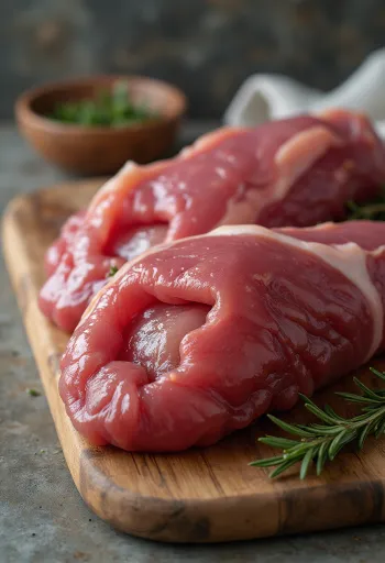 신선한 간 슬라이스가 나무 도마 위에 놓여 있는 모습