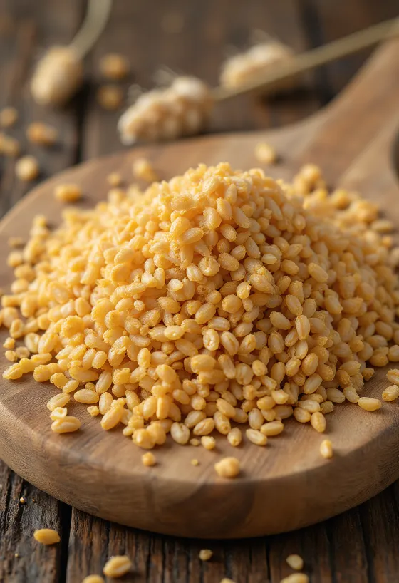 나무 그릇에 담긴 몰트 파우더와 싹 틔운 보리(맥아)