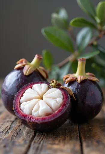 반으로 자른 망고스틴의 하얀 과육과 보라색 껍질