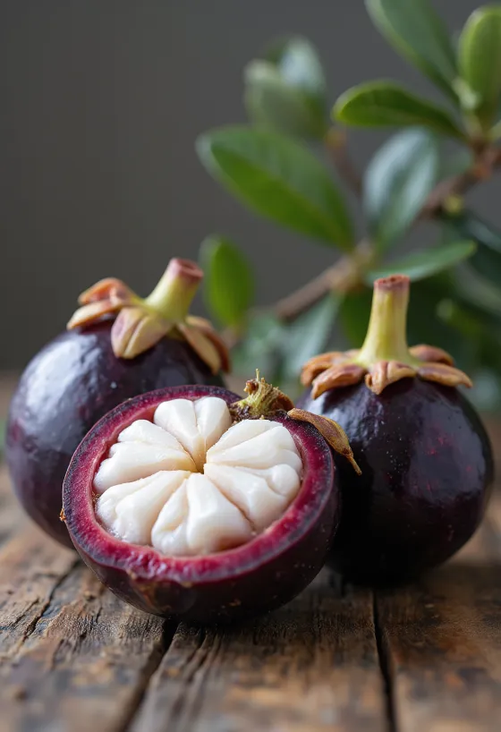 반으로 자른 망고스틴의 하얀 과육과 보라색 껍질